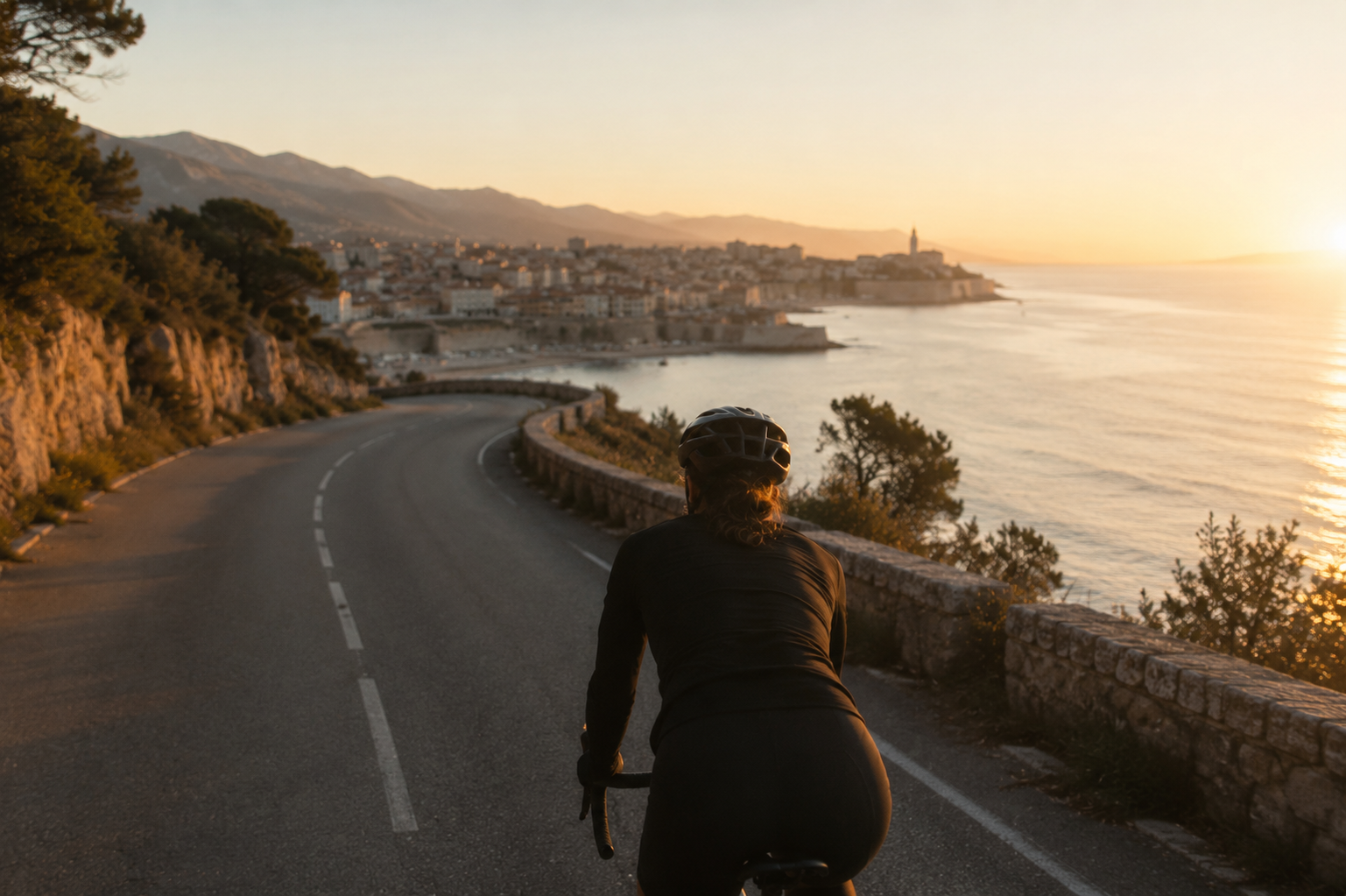 Cycliste de dos sur la corniche